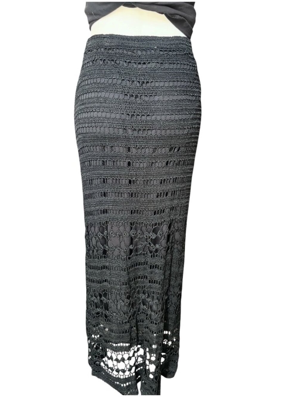Chicos Maxi Skirt Size 2 Black Crocheted Lace Lined Design 41.5" Length Boho - Picture 4 of 11